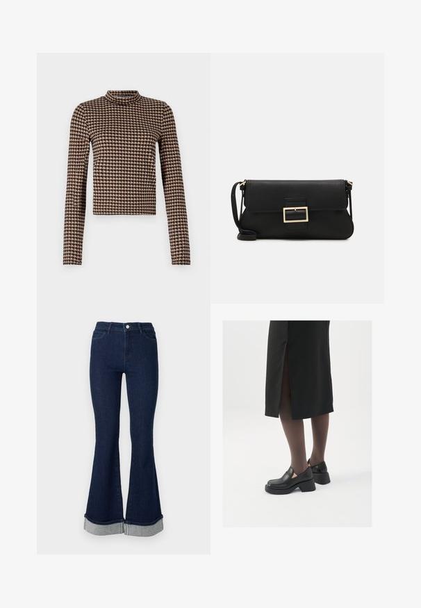 Dlouhý rukáv top ve vzoru černobílé houndstooth, s vysokým límcem a přiléhavým střihům vyrobený z měkkého a elastického materiálu.; Tmavě modré rozšířené džíny vyrobené z denimu s vysokým pasem. Na lemu mají široký manžet v světlejším denimu. Pětivstupňový design s knoflíkovým zapínáním.; Černé kožené boty s kulatou špičkou, silným blokovým podpatkem a elastickými bočními akcenty, spárované s tmavými punčochami a černou sukní se rozparkem.; Černá kožená psaníčko s klopou a zlatým kovovým detailním sponou. Součástí je černý popruh a elegantní, minimalistický design.; Stříbrné kruhové náušnice s minimalistickým designem. Kruh, hladký povrch a tenký profil. Lehká konstrukce s lesklým povrchem.