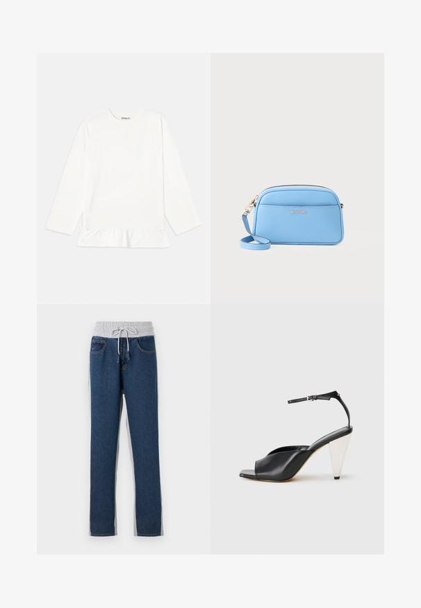 White long-sleeve top in soft fabric, featuring a ruffled hem. Its design includes a crew neckline and subtle branding at the chest.; Denim pants with a gray elastic waistband, drawstring detail, straight-leg cut, and contrasting gray side panels. Five pockets included.; Black leather high heel sandal with open toe, asymmetrical design, ankle strap, and a metallic cone-shaped heel. Smooth texture throughout.; Light blue leather crossbody bag with gold-tone hardware, zip closure, and a front pocket. Features an adjustable strap for convenience.