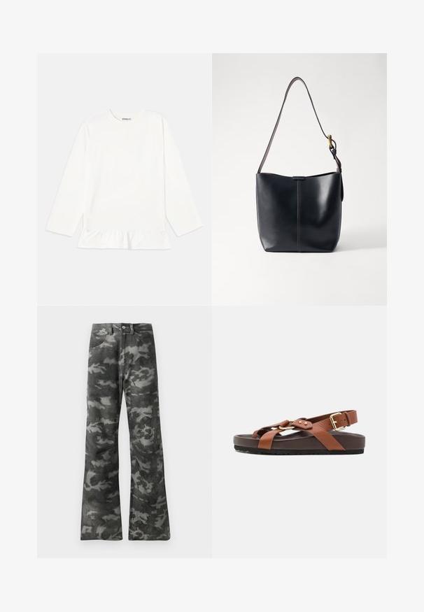 Hvid langærmet top i blødt stof med en flæsekant. Designet inkluderer en rund halsudskæring og subtil branding på brystet.; Mørkegrå og sorte camouflagemønstrede jeans med lige ben, knap- og lynlåslukning samt forlommer.; Brun lædersandal med flad sål, justerbar ankelrem og guld hardware-accenter. Har tværsnitsremme og et struktureret design.; Sort læder skuldertaske med en glat overflade, der har en tynd, lang rem og en subtil syet detalje ned langs midten.