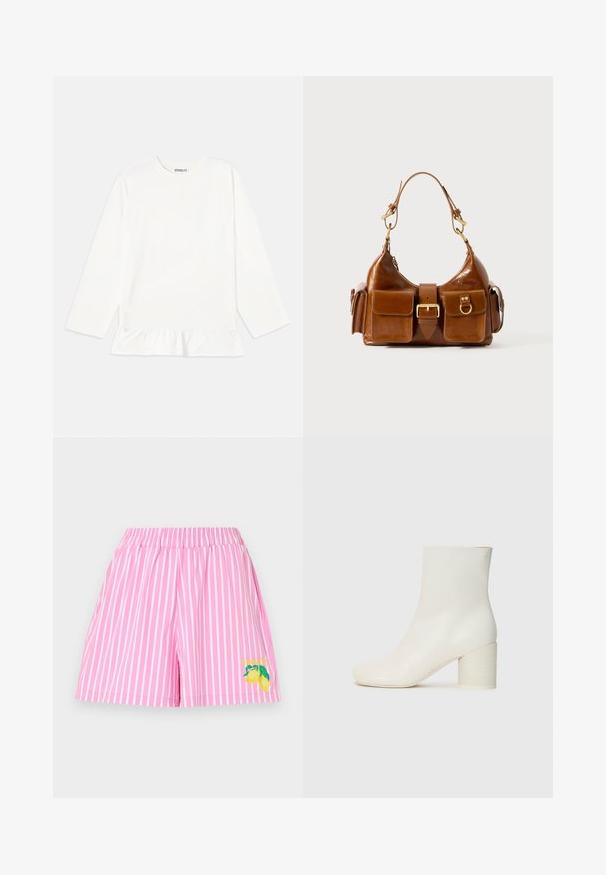 Balta ilga rankovė viršuje, pagaminta iš minkštos medžiagos, su volanų apdaila apatinėje dalyje. Jo dizainas turi apvalią kaklo liniją ir subtilų ženklinimą krūtinėje.; Rožiniai maudymosi šortai su baltais vertikaliais raštais, elastingu juosmeniu ir citrinos grafika su "STIEGLITZ" tekstu kairiajame šone.; Baltos odinės kulkšninių botai su suapvalintu pirštu ir masyviais cilindriniais kulnais. Lygus paviršius, minimalus dizainas, be matomų elementų ar raštų.; Ruda odinė rankinė su išlenkta forma, dvigubais auksinės spalvos detalėmis, dviem priekiniais kišenėmis ir plačia dirželiu. Lygi tekstūra su blizgiu paviršiumi.