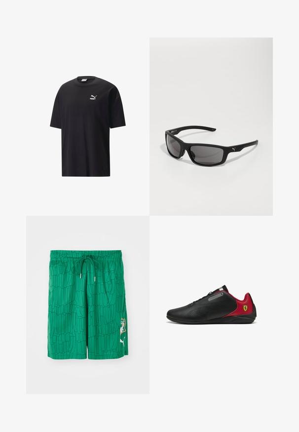 Czarna bawełniana koszulka z krótkim rękawem, okrągłym dekoltem i białym logo Pumy na piersi. Prosty i skromny design.; Zielone kąpielówki z teksturowanym wzorem, elastycznym pasem w talii i sznurkiem ściągającym. Posiadają naszywkę z logo z boku oraz kontrastowe wykończenia.; Czarne sneakersy z czerwonymi akcentami, smukły design, perforowana tekstura na cholewce, z metalowym akcentem i logo na pięcie.; Czarne okulary przeciwsłoneczne o matowym wykończeniu, prostokątne soczewki i wyraźny akcent z logo na zausznicu. Soczewki polaryzacyjne, ochrona UV.