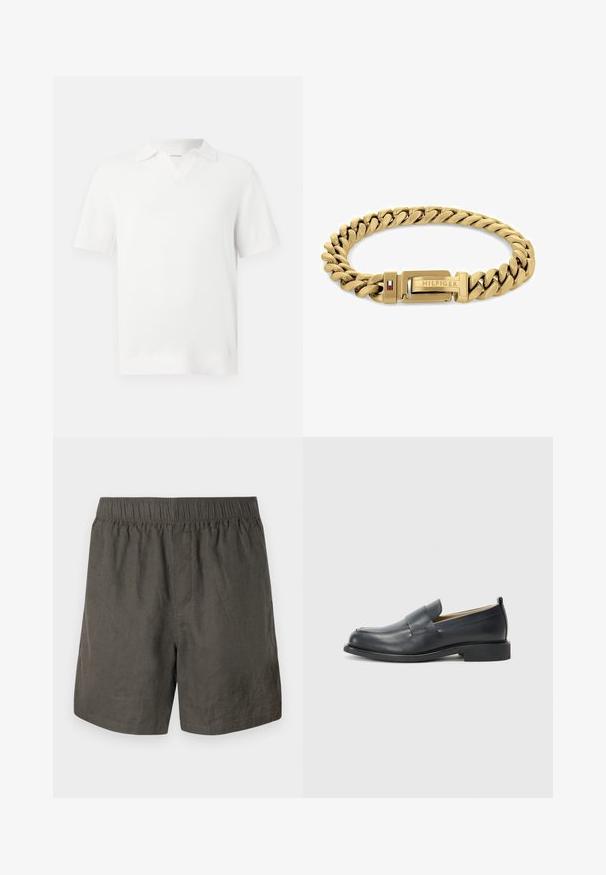 Polo shirt blanc à manches courtes avec un design en maille texturée, doté d'un col en V et de poignets côtelés pour une finition ajustée.; Shorts en lin gris foncé avec une ceinture élastique, au design simple et à la coupe droite, dotés de poches latérales avec fente.; Mocassins en cuir noir avec une finition lisse, une semelle plate et un bout arrondi, ornés d'une sangle décorative sur le dessus.; Bracelet doré avec des maillons entrelacés, doté d'un fermoir avec le logo "HILFIGER" et d'un accent rouge et bleu. Fini lisse et poli.