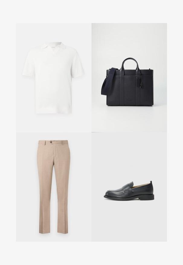 Baltas trumpomis rankovėmis polo marškinėliai su tekstūruota mezgimo struktūra, V formos apykakle ir raštuotais rankogaliais, suteikiančiais prigludusį vaizdą.; Šviesiai rudos kelnės, pagamintos iš lengvos medžiagos, turi tiesų fasoną, vieną mygtuko užsegimą ir dvi priekinės kišenes.; Juodi odiniai loaferiai su lygia danga, plokščiu padu ir apvaliu pirštu, papuošti dekoratyvia juostele per viršų.; Tamsiai mėlynas odinis portfelis su dviem viršutinėmis rankenomis ir nuimamu diržu. Yra tekstūruotas paviršius, vertikalios siūlės ir logotipo detalė.