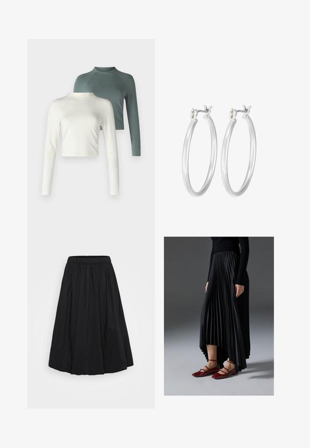 Kaks pikkade varrukatega särk: üks kreemika värvuse ja lühendatud disainiga ning teine roheline, tavapikkune raglankäistega. Mõlemad pehmest kangast.; Must musta, põlve pikkuses seelik, mis on valmistatud kerge kangast, millel on kogutud elastne vöökoht ning laienev, volüümikas siluett.; Mustmust seelik kõrgema ees- ja madalama taga servaga, kombineeritud läikivate punaste sussidega, millel on rihma kujundus. Kangas on sileda tekstuuriga.; Hõbedased rõngaskõrvarõngad, millel on sile, läikiv viimistlus. Ümmargune kuju ja turvaline klõpsulatus. Kerge disain, sobib igapäevaseks kandmiseks.