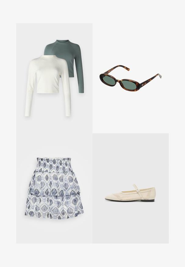 To lange bluser med lange ærmer: en krèmefarvet, cropped model og en grøn, almindelig længde med raglanærmer. Begge i et blødt stof.; Hvid lagdelt nederdel med blomsterprint i blå og grå nuancer, med en smocket talje og let, tekstureret stof.; Beige balletflader med spids tå, mesh design overlay og en side spænde. Flad sål med en glat tekstur.; Skildpaddemønstrede solbriller med ovale stel og grønne linser. Har tynde arme med en metallisk detalje nær hængslerne.