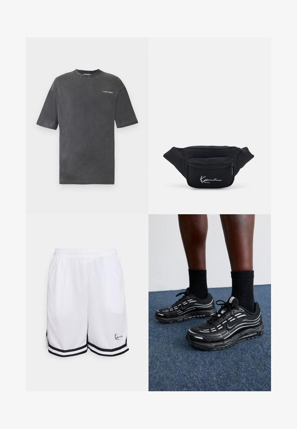 Zwarte T-shirt met korte mouwen van zachte stof, met een ronde hals en de tekst "// NOT SORRY" in het wit op de linkerkant van de borst.; Witte sportieve shorts van lichtgewicht stof, met een zwarte gestreepte zoom en een handtekeninglogo aan de onderkant aan de linkerkant.; Zwarte Nike-schoenen hebben een bovenwerk van mesh met accentstreepjes, getextureerde veters en een zwarte rubberen zool. Draag ze met zwarte geribde sokken.; Zwarte stoffen heuptas met twee ritsvakjes. Heeft een zachte textuur en een logo in witte borduursel op het voorvak.