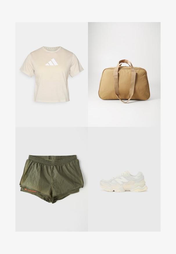 Beige színű, rövid ujjú póló, puha anyagból készült, amelyen a mellrészen kiemelkedő fehér háromcsíkos Adidas logó található. Klasszikus kerek nyakkivágású.; Olíva zöld sportnadrág, rugalmas derékbőséggel, belső béléssel, perforált oldalsó panelekkel és piros logóval.; Könnyű sportcipő, amely hálós és velúr felsőrésszel rendelkezik, lágy krémszínű árnyalatokban, vastag talppal és háromdimenziós díszítésekkel.; Barna sporttáska, két szövetfogóval, sima felülettel, cipzáros záródással, ovális formával, és egy diszkrét dombornyomott logóval az egyik oldalon.