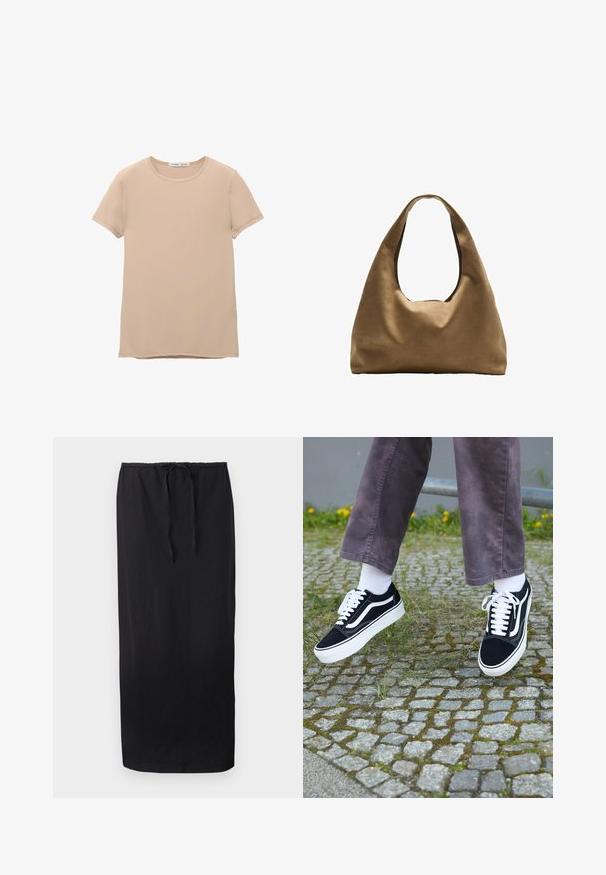 PULL&BEAR SHORT SLEEVE - Osnovna majica kratkih rukava - beige; Crna, suknja do članaka od mekog materijala; ima elastičnu naramenicu s vezicom za prilagodljivo pristajanje. Jednostavan, jednobojan dizajn.; Crne suedne teniske s bijelim detaljima, s okruglim vrhom, debljim bijelim potplatom i klasičnim dizajnom vezivanja, nosi se s bijelim čarapama i ljubičastim hlačama.; Smeđa platnena torba za rame s širokim, zaobljenim tijelom i velikim izrezanim drškom. Mekana tekstura, minimalistički dizajn i bez vidljivog hardvera.