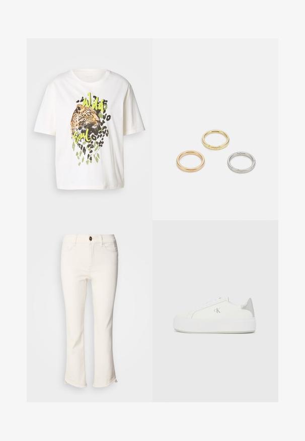 Witte katoenen T-shirt met een luipaardgrafiek met groene accenten en de woorden "Wild Soul." Korte mouwen, ontspannen pasvorm en een gladde textuur.; Witte, cropped jeans met een uitlopende onderkant. Voorzien van een knoopsluiting, zijzakken en een iets rafelige zoom. Denim stof.; Witte canvas sneakers met een dikke witte zool, voorzien van een metallic zilveren accent op de hiel en een subtiel logo detail aan de zijkant.; Drie metalen ringen: één roségoud, één goud met een gestructureerd accent en één zilver, allemaal met gegraveerde branding aan de binnenzijde.