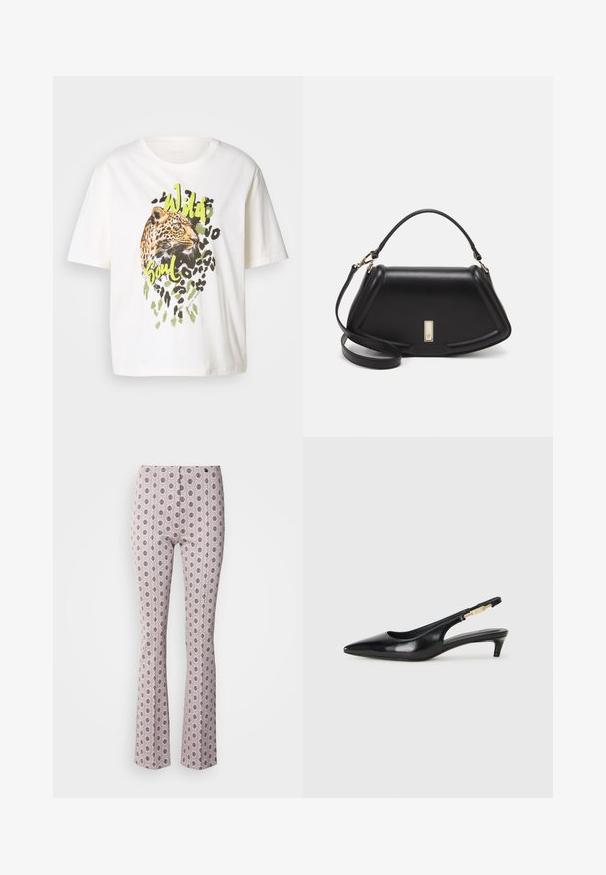Fehér pamut póló, leopárd grafikával zöld akcentusokkal és a "Wild Soul" felirattal. Rövid ujjú, laza fazonú, sima tapintású.; Világos rózsaszín anyagú, bővülő nadrág, melyet bonyolult fekete körmintázat díszít. Strukturált dizájn, magas derékkal és finom varrási részletekkel.; Fekete bőr slingback magassarkúk, hegyes orral, vékony sarkakkal és arany színű részlettel a állítható pánton. Simа felület.; Fekete bőr kézitáska, strukturált dizájnnal, rövidített formával, felső fogantyúval és arany színű kiegészítőkkel. Állítható vállpánt is tartozik hozzá.