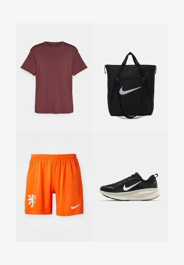 Burgundi värvi lühikeste varrukatega särk, mis on valmistatud kerge kangaga. Omab ümarat kaelust ja lihtsat, siledat tekstuuri ilma mustrite või aksessuaarteta.; Oranžid sportlikud lühikesed püksid elastse vöökoha külge, millel on vasakpoolsel jalal valge lõvi logo ja paremal pool valge Nike swoosh.; Musthave mustus Nike jooksujalats, millel on hingav võrgust ülemine osa, valge swoosh logo, tekstuuriga detailid ja kreemja värvusega ZoomX vahevöö.; Must musta kott musta nailonist, millel on kaks tugevat käepidet ja luku sulgemine. Omab silmatorkavat valget Nike'i logot, mis on kujundatud horisontaalsete triipudega.