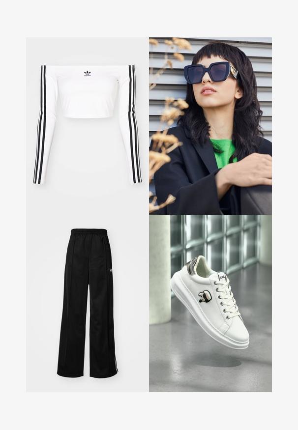 Biały długi rękaw off-shoulder crop top z elastycznego materiału. Posiada czarne akcenty w formie trzech pasków na rękawach oraz małe czarne logo na piersi.; Czarne szerokie spodnie dresowe z elastycznym pasem, z białymi paskami po bokach i małym logo na lewym biodrze. Gładka tekstura materiału.; Białe sneakersy Karl Lagerfeld z sznurowanym przodem, czarną i beżową naszywką z logo oraz metaliczną srebrną pętelką na pięcie, unoszące się nad szarym podłożem.; Przesadnie duże czarne okulary przeciwsłoneczne z grubą oprawką i złotym akcentem, noszone z czarną marynarką i jasnoróżową koszulą, na poziomym tle.