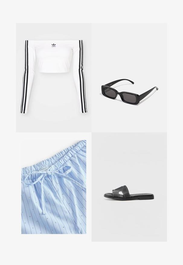 Bílý dlouhý rukáv top s volnými rameny vyrobený z elastického materiálu. Obsahuje černé třípásové akcenty na rukávech a malé černé logo na hrudi.; Světlomodré pyžamové šortky s vertikálními pruhy a malými odrazovými kamínky. Elastický pas s tkaničkou pro úpravu velikosti.; Černé kožené sandály na klínku s plochou podrážkou, se dvěma zkříženými popruhy a kontrastním bílým šitím. Jednoduchý design s otevřenou špičkou.; Černé obdélníkové sluneční brýle s tmavými skly, lesklým povrchem, širokými ramínky a robustním designem rámu. Vytlačený název značky na jednom ramínku.; Černá kožená kabelka s zakřiveným ramenním popruhem, hladkým povrchem, obdélníkovým tvarem, zipovým uzavřením a stříbrnými kovovými detaily.