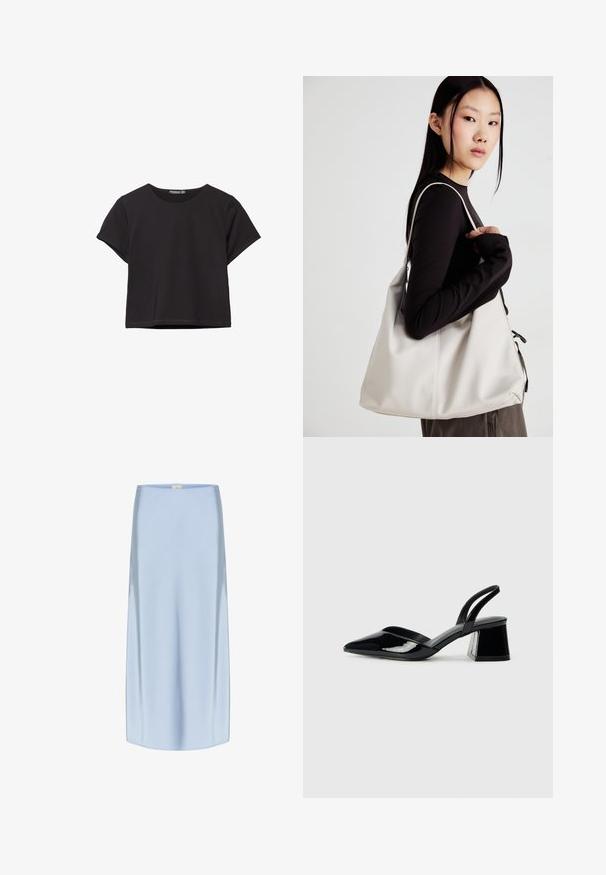 Musta lyhythihainen crop-top pehmeästä kankaasta, jossa on pyöreä kaula-aukko ja rento istuvuus siistillä helmalla.; Silkkinen midi-hame vaaleansinisena, jossa on sileä, kiiltävä pinta, suora siluetti ja hienovarainen kiilto. Helma ulottuu juuri polven alapuolelle.; Mustat patentoitu nahkakengät, joissa on säären takaosa ja terävä kärki, sekä geometrinen palikkakorko. Sisältää tyylikkään, minimalistisen muotoilun ja sileän pinnan.; Beige laukku, joka on valmistettu pehmeästä materiaalista, ja siinä on rento muotoilu, ommeltu yksityiskohtia ja kaksi olkahihnaa. Sopii päivittäiseen käyttöön.