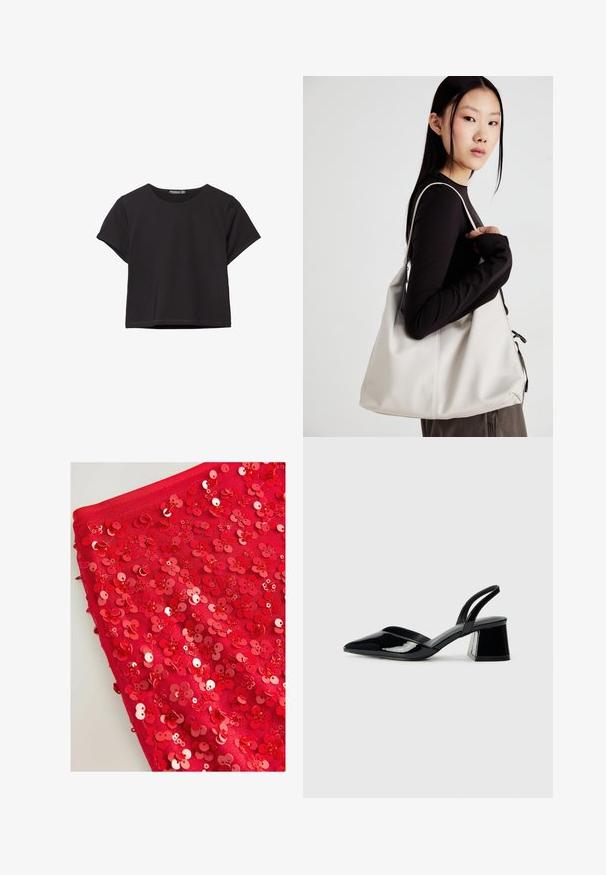 Top corto a maniche corte nero, realizzato in un tessuto morbido, con scollo rotondo e una vestibilità comoda con orlo pulito.; Tessuto rosso coperto di brillanti paillettes rosse a forma di fiori, con diverse dimensioni e texture, che creano un aspetto stratificato e tattile.; Décolleté in vernice nera con punta affusolata e tacco in geometria cubica. Presentano un design elegante e minimalista, con una texture liscia.; Borsa a mano beige realizzata in materiale morbido, caratterizzata da un design morbido, dettagli cuciti e due manici. Adatta per l'uso quotidiano.