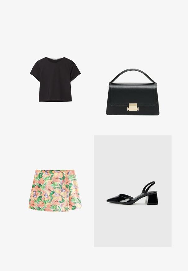 Čierny krátky rukáv crop top vyrobený z mäkkého materiálu, s okrúhlym výstrihom a vo voľnejšom strihu s čistým lemom.; Next Minisukňa - tropical print; Čierne lakované kožené sandálové podpätky s špicatou špičkou a geometrickým blokovým podpätkom. Disponujú elegantným, minimalistickým dizajnom a hladkým povrchom.; Čierna kožená kabelka so štruktúrovaným prevedením, horným madlom a detailom zlatého kovového uzáveru na prednej strane. Hladká textura, minimálne šitie.