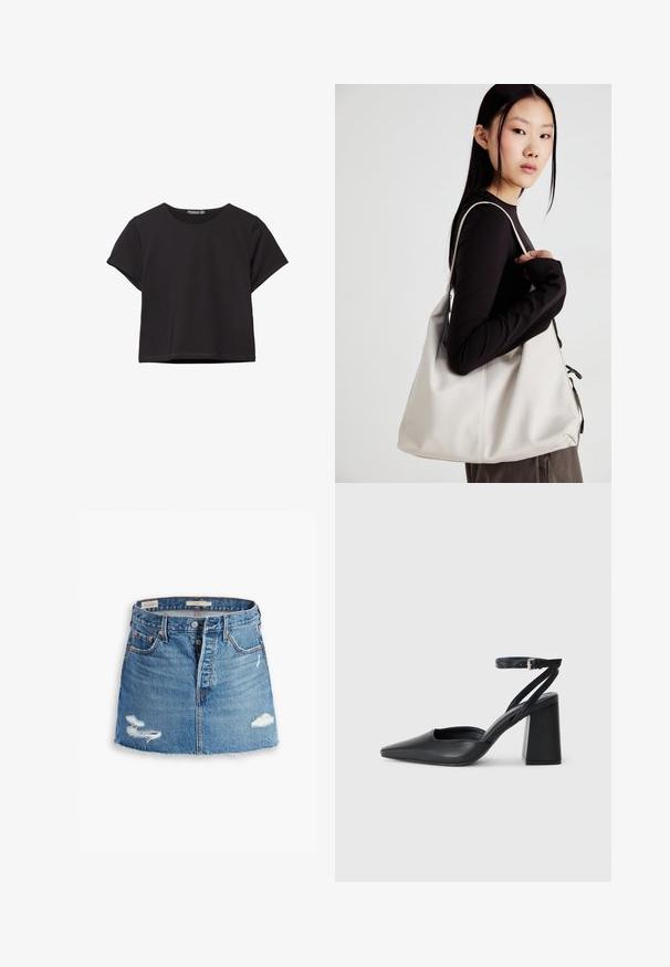Čierny krátky rukáv crop top vyrobený z mäkkého materiálu, s okrúhlym výstrihom a vo voľnejšom strihu s čistým lemom.; Denimová mini sukňa v svetlomodrej farbe. Má roztrhnutý lem, dva poškodené záplaty, predné zapínanie na gombík a päť vreciek. Klasický strih.; Čierne kožené lodičky s špicatou špičkou a členkovým remienkom, s masívnym podpätkom. Hladký povrch, elegantný dizajn a minimalistická estetika.; Béžová kabelka vyrobená z mäkkého materiálu, s uvoľneným dizajnom, prišitými detailmi a dvoma popruhmi na nosenie na pleciach. Vhodná na každodenné nosenie.