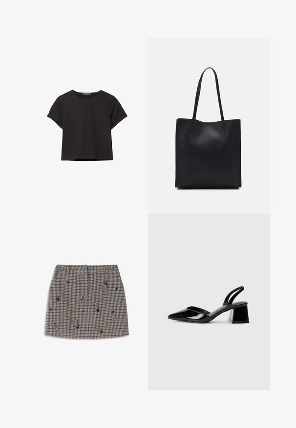 Black short-sleeve crop top made of soft fabric, featuring a round neckline and a relaxed fit with a clean hemline.; Checkered wool mini skirt in browns, blues, and greens, featuring decorative sequins and a structured silhouette. Two front pockets.; Black patent leather slingback heels with a pointed toe and a geometric block heel. Features a sleek, minimal design and smooth texture.; Black leather tote bag with smooth texture, rectangular shape, and two long handles. No visible hardware or embellishments.
