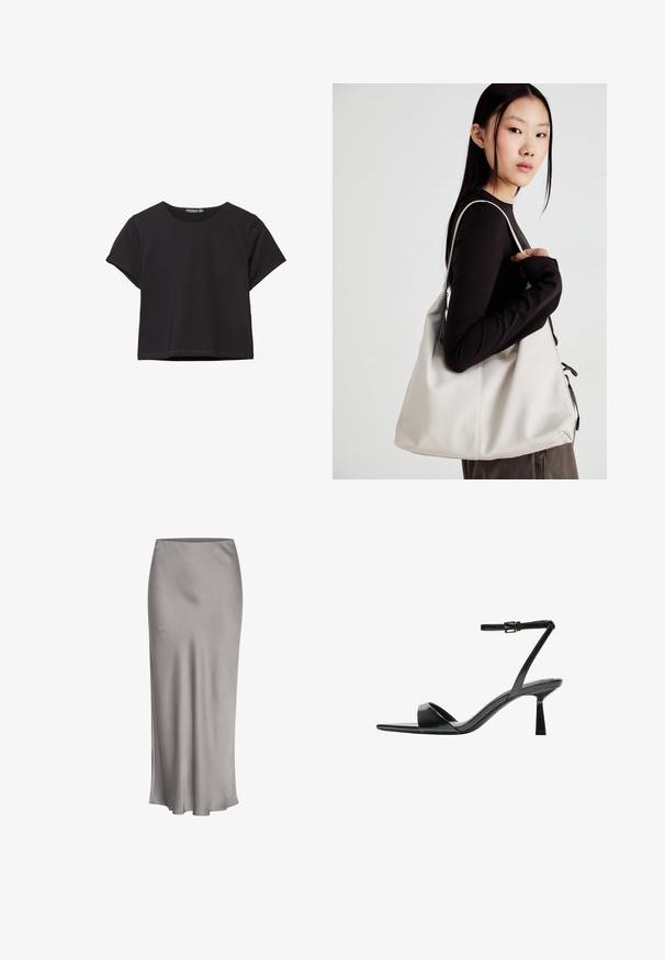 Top corto a maniche corte nero, realizzato in un tessuto morbido, con scollo rotondo e una vestibilità comoda con orlo pulito.; Gonna midi in satin grigio con una texture liscia, una leggera lucentezza e un'orlo svasato, caratterizzata da un design semplice e pulito.; Bershka Sandali con tacco - black; Borsa a mano beige realizzata in materiale morbido, caratterizzata da un design morbido, dettagli cuciti e due manici. Adatta per l'uso quotidiano.