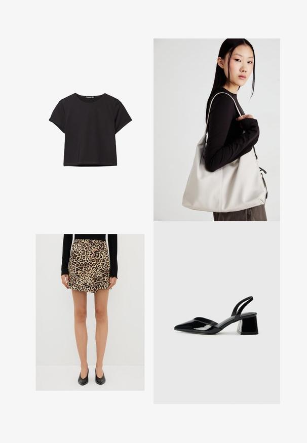 Sort kortærmet crop top lavet af blødt stof, med rund halsudskæring og en afslappet pasform med en ren nederste kant.; Mini nederdel i leopardmønster lavet af blødt stof, med høj talje og lige pasform. Kombineret med sorte spidse hæle.; Sorte patentlæder slingback hæle med spids tå og en geometrisk blok hæl. Har et elegant, minimalistisk design og en glat tekstur.; Beige håndtaske lavet af blødt materiale med et slouchy design, stikninger og to skulderremme. Velegnet til daglig brug.