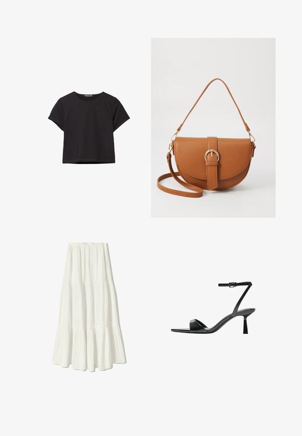 Svart kortärmad crop top i mjukt material, med rund halsringning och en avslappnad passform med en ren fåll.; Vit maxikjol med en flerlagrad design, tillverkad av lätt tyg. Har en elastisk midja och delikata sömnadsdetaljer.; Bershka Sandaletter - black; Brun läder crossbody-väska med en böjd form, gyllene detaljer och en spänneaccent. Har en avtagbar axelrem.
