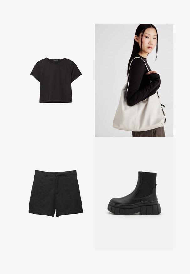 Schwarzes kurzärmliges Crop-Top aus weichem Stoff, mit rundem Halsausschnitt und einem lässigen Schnitt mit einem sauberen Saum.; Schwarze Leinen-Shorts mit maßgeschneidertem Design, flachem Bund, Gürtelschlaufen und Seitentaschen. Glatte Textur mit einem sauberen Schnittsaum.; Schwarze Knöchelstiefel aus glattem Leder mit elastischen Seitenpaneelen, einer klobigen Plateausohle und einem strukturierten Profilmuster.; Beige Handtasche aus weichem Material, mit einem lässigen Design, gesteppten Details und zwei Schulterriemen. Geeignet für den täglichen Gebrauch.