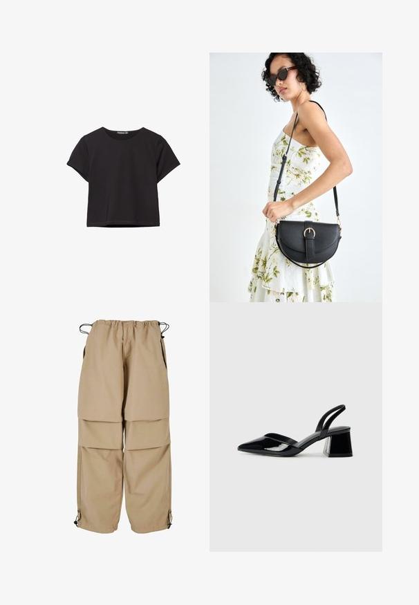 Musta lyhythihainen crop-top pehmeästä kankaasta, jossa on pyöreä kaula-aukko ja rento istuvuus siistillä helmalla.; Beige cargo-housut, joissa on joustava vyötärö, kerroksellinen muotoilu ja sivutaskut. Varustettu säädettävillä lahkeilla, joissa on soljet, jotta saat mukautettavan istuvuuden.; Mustat patentoitu nahkakengät, joissa on säären takaosa ja terävä kärki, sekä geometrinen palikkakorko. Sisältää tyylikkään, minimalistisen muotoilun ja sileän pinnan.; Musta nahkainen käsilaukku, joka on kaareva muotoilultaan, irrotettavalla hihnalla ja kultaisilla yksityiskohdilla. Laukussa on läppä, jossa on solk yksityiskohta.