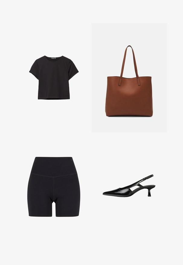 Schwarzes kurzärmliges Crop-Top aus weichem Stoff, mit rundem Halsausschnitt und einem lässigen Schnitt mit einem sauberen Saum.; Schwarze, hochtaillierte Shorts aus dehnbarem Stoff. Verfügt über einen elastischen Bund, eine glatte Textur und reicht bis zur Mitte des Oberschenkels mit einem nahtlosen Design.; Schwarze Lackleder-Slingback-High Heels mit spitzer Zehenform, ausgeschnittenem Seitendesign und kleinem Blockabsatz. Glatte Textur mit minimalen Akzenten.; Braune Leder-Tote mit glatter Textur, offenem Oberteil und zwei Schulterriemen. Verfügt über minimale Nähte und keine sichtbaren Beschläge.