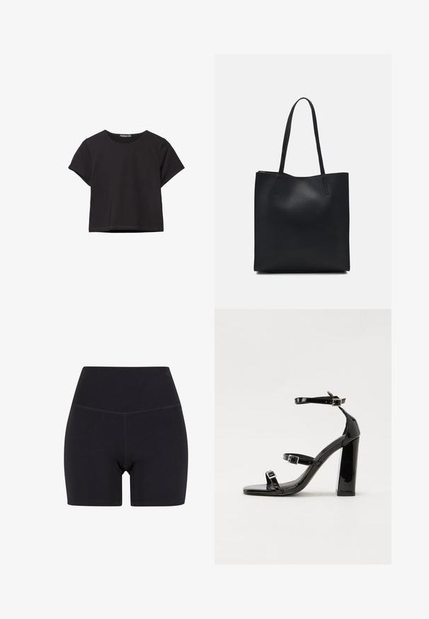 Musta lyhythihainen crop-top pehmeästä kankaasta, jossa on pyöreä kaula-aukko ja rento istuvuus siistillä helmalla.; Mustat korkeavyötäröiset shortsit, jotka on valmistettu joustavasta kankaasta. Ominaisuuksiin kuuluvat joustava vyötärö, sileä pinta ja polven ylle ulottuva pituus saumatonta muotoilua.; Musta kiiltävä korkokenkä sandaalit neliönmuotoisella varpaalla, nilkkaremmillä ja hopeisilla soljilla. Varustettu tukevalla lohkokorkealla vakauden takaamiseksi.; Mustapahkainen kangaskassi, jossa on sileä pinta, suorakaiteen muotoinen ja kaksi pitkää kahvaa. Ei näkyvää metalliosaa tai koristeita.