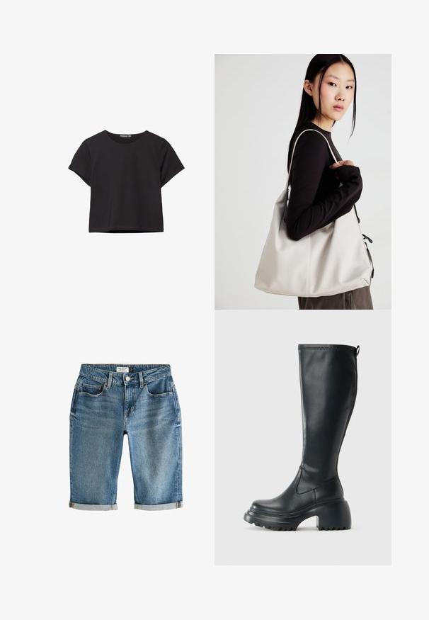 Crna kratka majica s kratkim rukavima izrađena od mekog materijala, s okruglim izrezom i opuštenim krojem te čistim rubom.; Plavi traper hlače do koljena s preklopom na rubu, pet džepova i metalnim kopčanjem. Tkanina ima blago izbljeđeni izgled.; Visoke crne kožne čizme s debelim platformskim đonom i blok petom, s patentom za povlačenje i teksturiranim uzorkom na potplatu.; Bežna torba od mekog materijala s opuštenim dizajnom, šivanim detaljima i dva remena za rame. Pogodna za svakodnevnu upotrebu.
