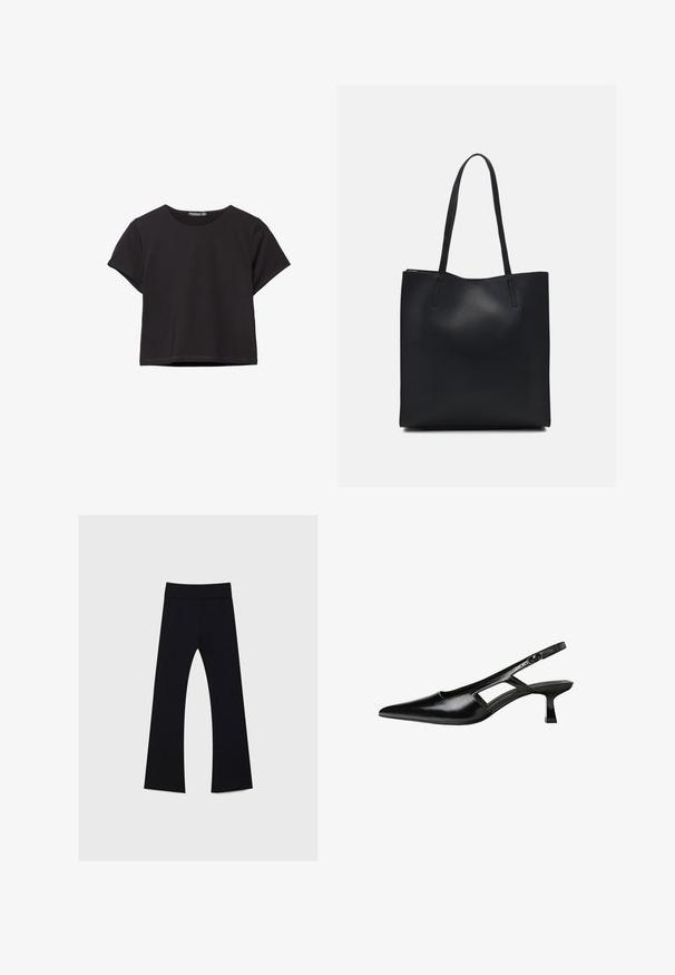 Črn kratki top s kratkimi rokavi, narejen iz mehkega materiala, z okroglo izrezom in sproščenim krojem ter čistim robom.; Črne joga hlače z visokim pasom, narejene iz raztegljive tkanine, z obliko krila noge in gladko teksturo po celotnem obsegu.; Črne patentični usnjeni salonarji s slingback designom, z zašiljenim nosom, izrezanim stranskim dizajnom in majhnim kvadratnim peto. Gladka tekstura z minimalnimi detajli.; Črna usnjena torba s svilnato teksturo, pravokotne oblike in dvema dolgima ročajema. Brez vidnih metalnih delov ali okrasnih elementov.