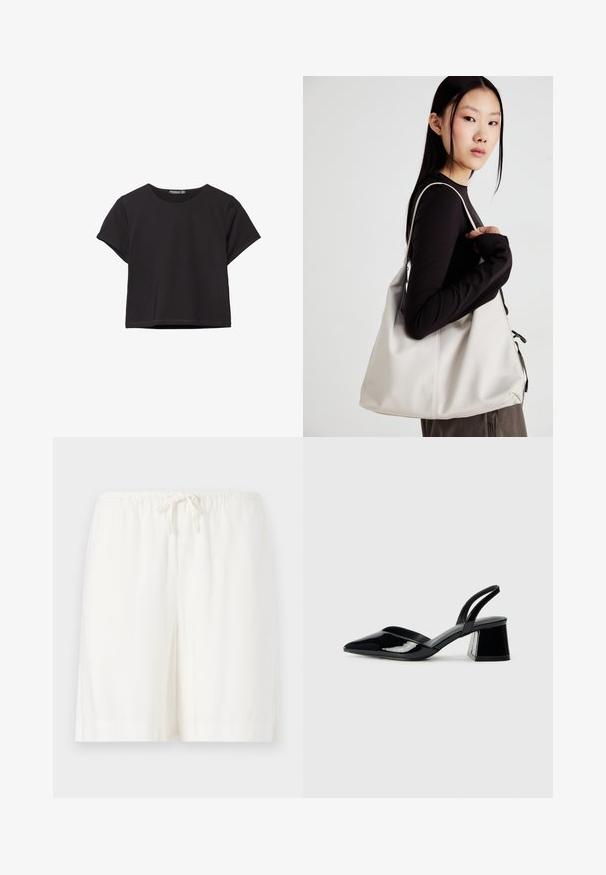 Musta lyhythihainen crop-top pehmeästä kankaasta, jossa on pyöreä kaula-aukko ja rento istuvuus siistillä helmalla.; Valkoiset pellavashortsit, joissa on joustava vyötärö ja nauhakuja, rento istuvuus ja kaksi sivutaskua. Sujuva tekstuuri, yksinkertainen muotoilu.; Mustat patentoitu nahkakengät, joissa on säären takaosa ja terävä kärki, sekä geometrinen palikkakorko. Sisältää tyylikkään, minimalistisen muotoilun ja sileän pinnan.; Beige laukku, joka on valmistettu pehmeästä materiaalista, ja siinä on rento muotoilu, ommeltu yksityiskohtia ja kaksi olkahihnaa. Sopii päivittäiseen käyttöön.
