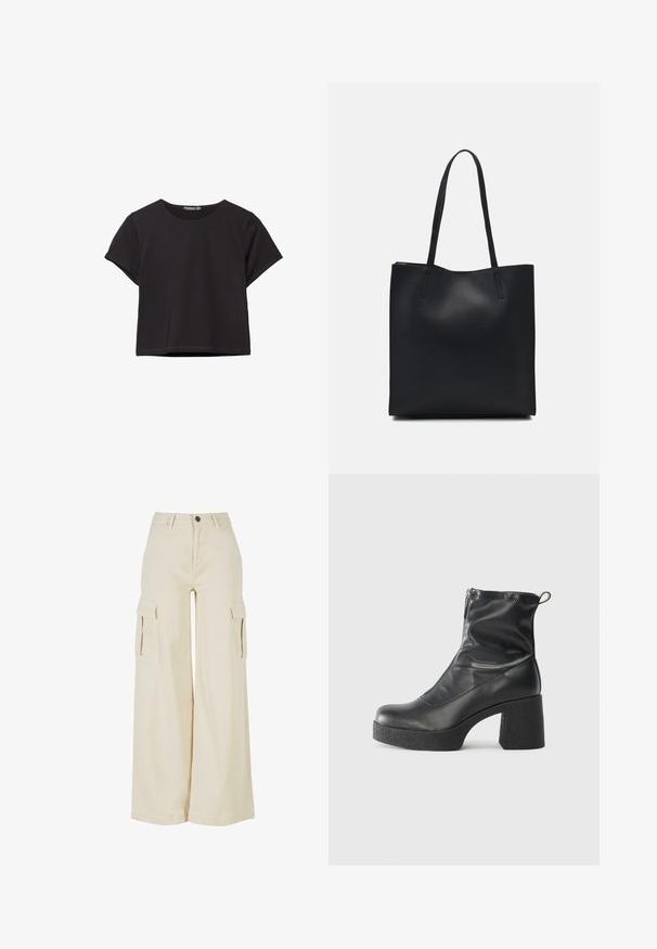 Černý krátký rukávový crop top z měkké látky, s kulatým výstřihem a volnějším střihem s rovnou spodní částí.; Béžové kalhoty s širokými nohavicemi vyrobené z bavlny, s dvěma velkými bočními kapsami, předním knoflíkovým zapínáním a čistým lemem.; Černé kotníkové boty vyrobené z hladké kůže, s bočním zipem, robustním strukturovaným podpatkem a kulatou špičkou.; Černá kožená taška přes rameno s hladkým povrchem, obdélníkovým tvarem a dvěma dlouhými uchy. Žádné viditelné kování ani ozdoby.