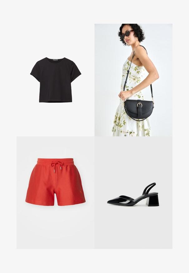 Crop top noir à manches courtes en tissu doux, avec un col rond et une coupe décontractée, présentant un ourlet propre.; Shorts de sport rouges en tissu texturé, avec une taille élastique à cordon de serrage et des détails de marque subtils. Forme courte classique, adaptés pour le sport.; Escarpins en cuir verni noir avec bout pointu et talon bloc géométrique. Présente un design élégant et minimaliste ainsi qu'une texture lisse.; Sac à main en cuir noir avec une forme courbée, bandoulière amovible et des accessoires en or. Le sac est doté d'un rabat avec un détail de boucle.