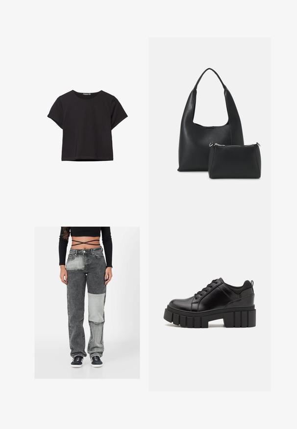 Top corto a maniche corte nero, realizzato in un tessuto morbido, con scollo rotondo e una vestibilità comoda con orlo pulito.; Jeans in denim grigio con un design a patchwork in diverse tonalità di grigio. La vestibilità è comoda con un taglio dritto e il classico stile a cinque tasche.; Scarpe platform in pelle nera con tacco a blocco robusto, punta rotonda e design tradizionale con lacci. Presentano una superficie liscia e dettagli minimi.; Even&Odd Borsa a mano - black