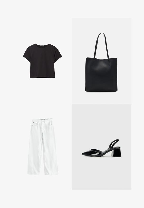 Čierny krátky rukáv crop top vyrobený z mäkkého materiálu, s okrúhlym výstrihom a vo voľnejšom strihu s čistým lemom.; Biele džínsové nohavice s širokými nohavicami majú vysoký pás, dve predné vrecká a jemné zlaté akcenty. Hladká textura, ležérny dizajn.; Čierne lakované kožené sandálové podpätky s špicatou špičkou a geometrickým blokovým podpätkom. Disponujú elegantným, minimalistickým dizajnom a hladkým povrchom.; Čierna kožená taška na rameno s hladkým povrchom, obdĺžnikovým tvarom a dvoma dlhými uchami. Bez viditeľného kovania alebo ozdôb.