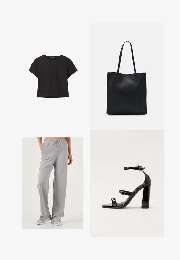 Črn kratki top s kratkimi rokavi, narejen iz mehkega materiala, z okroglo izrezom in sproščenim krojem ter čistim robom.; Svetlo sivi široki trenirke iz meke, gladke tkanine; imajo elastičen pas z vrvico in stranske žepe.; Črne lakirane sandale s peto, kvadratnim prstom, trakovi okrog gležnja in srebrnimi zaponkami. Opremljene so s stabilno Debelo peto.; Črna usnjena torba s svilnato teksturo, pravokotne oblike in dvema dolgima ročajema. Brez vidnih metalnih delov ali okrasnih elementov.