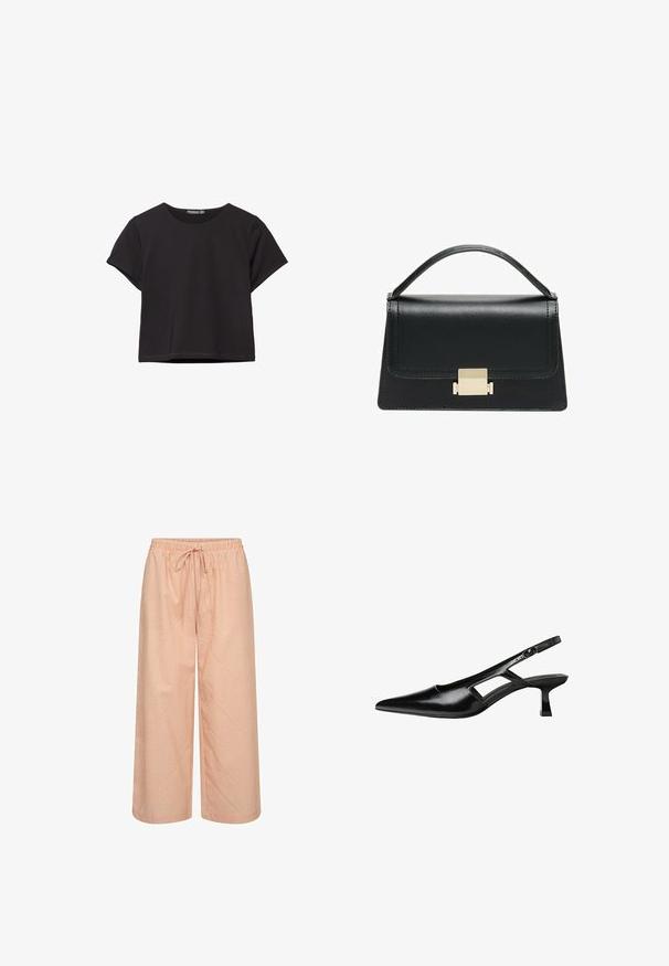 Čierny krátky rukáv crop top vyrobený z mäkkého materiálu, s okrúhlym výstrihom a vo voľnejšom strihu s čistým lemom.; Široké nohavice v svetlej broskyňovej farbe s bielymi vertikálnymi pruhmi. Majú elastický pás so šnúrkou. Vyrobené z ľahkého materiálu.; Čierne lakované kožené lodičky na podpätku s špicatou špičkou, výrezovým dizajnom na boku a malým štvorcovým podpätkom. Hladký povrch s minimálnymi akcentmi.; Čierna kožená kabelka so štruktúrovaným prevedením, horným madlom a detailom zlatého kovového uzáveru na prednej strane. Hladká textura, minimálne šitie.