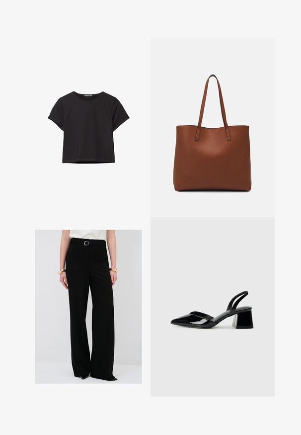 Schwarzes kurzärmliges Crop-Top aus weichem Stoff, mit rundem Halsausschnitt und einem lässigen Schnitt mit einem sauberen Saum.; Schwarze weite Hosen aus glattem Stoff, mit einem schmalen Bund und einem Gürtel. Der Saum ist leicht verjüngt und endet über spitzen Schuhen.; Schwarze Lackleder-Slingback-High Heels mit spitzem Schuh und einem geometrischen Blockabsatz. Verfügt über ein schlankes, minimalistisches Design und eine glatte Textur.; Braune Leder-Tote mit glatter Textur, offenem Oberteil und zwei Schulterriemen. Verfügt über minimale Nähte und keine sichtbaren Beschläge.