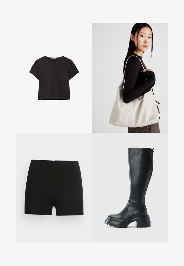 Sort kortærmet crop top lavet af blødt stof, med rund halsudskæring og en afslappet pasform med en ren nederste kant.; Sorte bomulds shorts med et tætsiddende design og elastisk talje. Glat tekstur, længde til midt på låret, og uden synlige mønstre eller accenter.; Høj sort læderstøvle med kraftig platformssål og blokhæl, med trækstrop og tekstureret sål.; Beige håndtaske lavet af blødt materiale med et slouchy design, stikninger og to skulderremme. Velegnet til daglig brug.