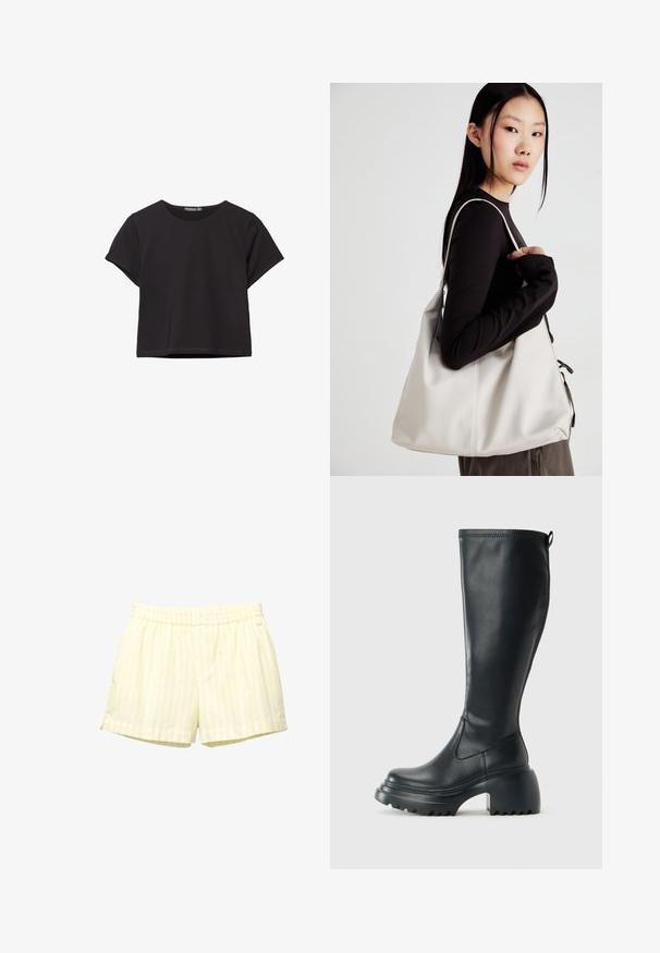 Czarny krótki top z krótkim rękawem wykonany z miękkiego materiału, z okrągłym dekoltem i luźnym krojem oraz czystą linią dołu.; Żółte szorty w paski wykonane z miękkiego materiału, z elastycznym paskiem w talii i dwiema zapięciami na guziki. Poziome paski w jasnym żółtym i białym kolorze.; Wysokie czarne skórzane botki z masywną platformą i słupkowym obcasem, z uchwytem i teksturowanym bieżnikiem na podeszwie.; Beżowa torebka wykonana z miękkiego materiału, charakteryzująca się luźnym fasonem, wyszywanymi detalami i dwoma uchwytami na ramię. Idealna na co dzień.