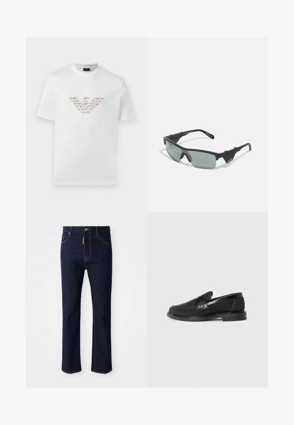 Fehér pamut póló rövid ujjakkal és kerek nyakkivágással. Középen rózsaszín és barna árnyalatokkal ellátott logó díszítéssel rendelkezik.; Sötétkék farmernadrág, egyenes szárú, látható varrással, gombos záródással és négy zsebbel, beleértve egy kis érmétartó zsebet is.; Fekete szőtt slip-on cipő sima bőr díszítéssel a felsőrészen, kerek orral és alacsony profilos gumitalppal.; Fekete sport napszemüveg szürke árnyalatú lencsékkel, szögletes kerettel, megerősített sarkokkal és állítható orrnyereggel a biztonságos illeszkedés érdekében.