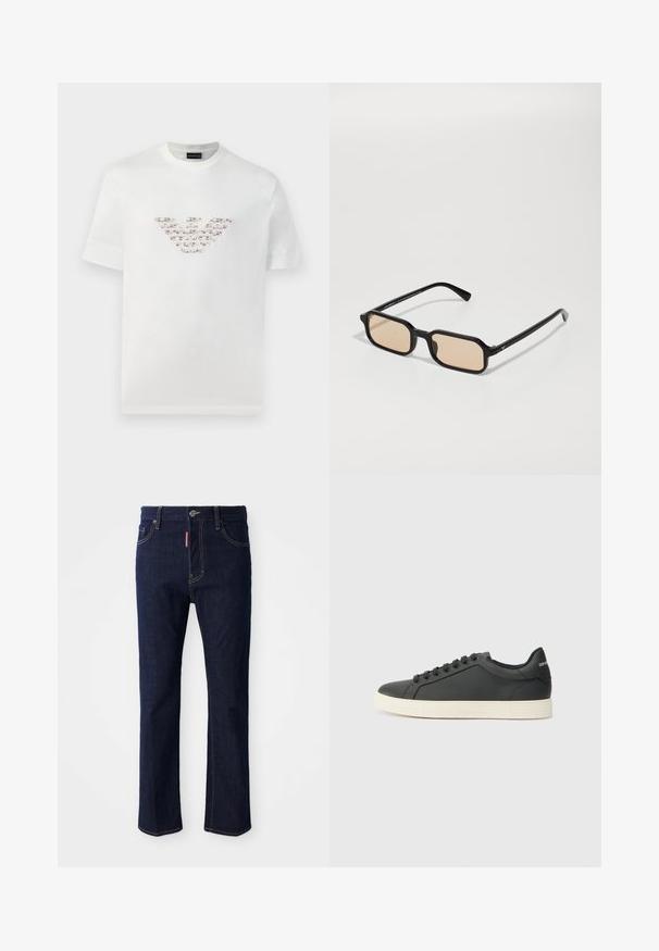 Biely bavlnený tričko s krátkymi rukávmi a okrúhlym výstrihom. Obsahuje centrálne logo v ružových a hnedých odtieňoch.; Tmavomodré džínsy s rovnými nohavicami, viditeľným šitím, zapínaním na gombík a štyrmi vreckami, vrátane malého vrecka na mince.; Čierne kožené tenisky s nízkym profilom, zaoblenou špičkou a šnurovaním; obsahujú textúrovanú gumovú podrážku a logo na päte.; Čierne obdĺžnikové slnečné okuliare s svetlohnedými šošovkami, so silným rámom, ostrými tvarmi a subtílnym zlatým akcentom na spánkoch.