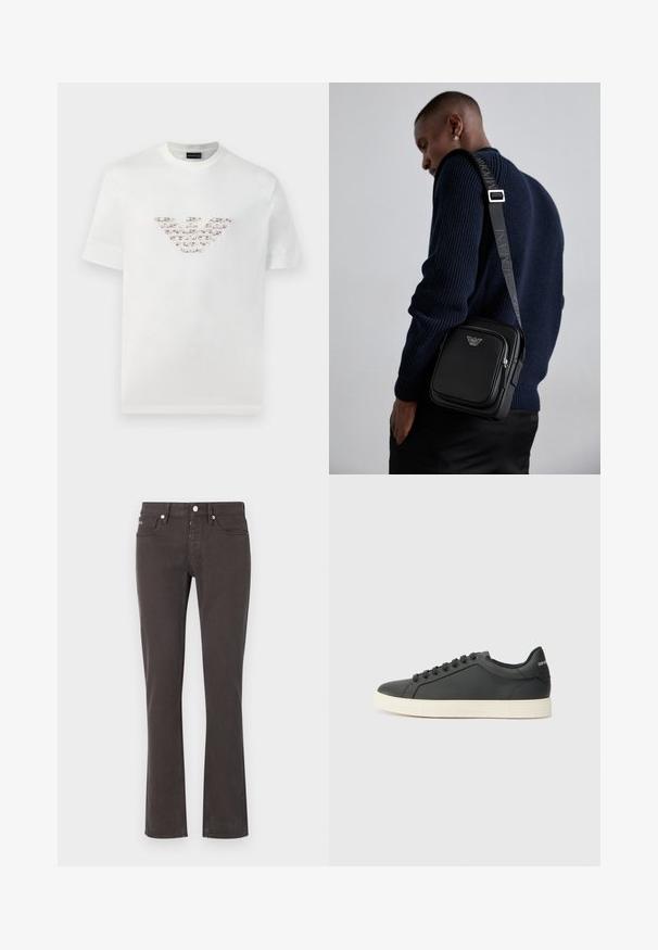 Bela bombažna majica s kratkimi rokavi in okroglo izrezom. Ima osrednji logotip v rožnati in rjavi barvi.; Črne široke hlače iz mešanice bombaža. Imajo pet žepov, zanke za pas in kovinske okraske. Gladka tekstura z rahlim raztezanjem.; Črne usnjene superge z nizkim profilom, okroglo špičko in vezalkami; vsebujejo teksturiran gumijast podplat in detajl z logotipom na peti.; Črna usnjena torba čez ramo z zadrgo, detajlom logotipa in nastavljivim trakom s znamko. Nosi se ob teksturirani mornarsko modri pulover.