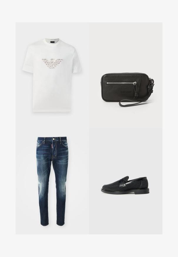 Valge puuvillane T-särk lühikeste varrukatega ja ringkaelusega. Omab keskmist logo kujundust roosa ja pruuni värvitoonis.; Tumedast sinise denimi kitsad püksid, millel on kulunud alad reitel ja põlvedel, viis taskut ning metallne nööpide sulgur.; Must musta kootud slip-on king, millel on pehme nahast accent ülaserval, ümmargune varvas ja madal profiiliga kummitald.; Must musta nahk-käekott tekstureeritud pinnaga, ees suure tõmblukuga tasku ja eemaldatav randmepael. Esiküljel on logo-patch. Ristkülikukujuline.