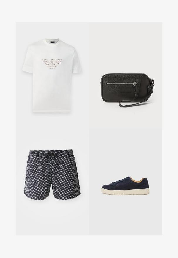 T-shirt blanc en coton à manches courtes et col rond. Présente un logo central dans des nuances de rose et de marron.; Shorts de bain noirs avec un motif circulaire blanc, taille élastique avec cordon de serrage et coupe ample pour le confort.; Baskets basses en suede bleu marine avec bout arrondi, semelle en caoutchouc blanc cassé et lacets assortis ; dotées d'une doublure intérieure contrastante couleur tan.; Pochette en cuir noir avec surface texturée, poche zippée à l'avant et poignée amovible. Présente un patch logo sur le devant. Forme rectangulaire.