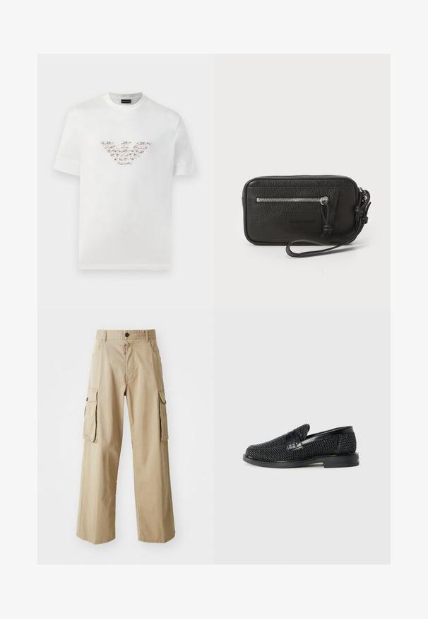 Weißes Baumwoll-T-Shirt mit kurzen Ärmeln und rundem Halsausschnitt. Verfügt über ein zentrales Logo-Design in Rosa- und Brauntönen.; Beige Cargo-Hose aus Baumwolle, mit weitem Bein, zwei großen Seitentaschen und einem Knopfverschluss an der Taille.; Schwarzer geflochtener Slipper mit einem glatten Lederakzent im Obermaterial, einem runden Zehendesign und einer flachen Gummisohle.; Schwarze Leder-Clutch mit strukturiertem Oberflächen, Vorderseite mit Reißverschlusstasche und abnehmbarem Handgelenkriemen. Fällt durch ein Logo-Patch auf der Vorderseite auf. Rechteckige Form.