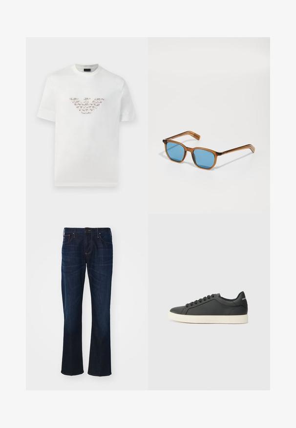 Fehér pamut póló rövid ujjakkal és kerek nyakkivágással. Középen rózsaszín és barna árnyalatokkal ellátott logó díszítéssel rendelkezik.; Sötétkék farmernadrág, egyenes szabással, öt zsebes kialakítással és észlelhető varrási részletekkel. Az anyag sima textúrájú.; Fekete bőr sportcipő alacsony profilú, lekerekített orral és fűzős záródással; texturált gumitalppal és logó részlettel a saroknál.; Barna műanyag keretes napszemüveg kék lencsékkel, négyzet alakú, vékony szárakkal, finom textúrájú díszítésekkel a halántékon, és fényes felülettel.
