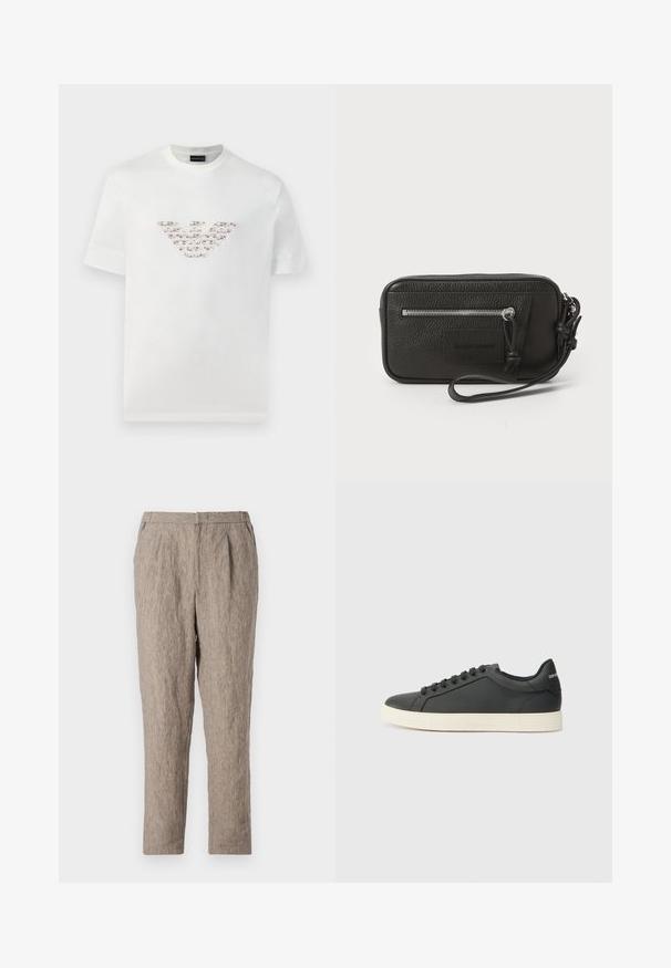 Bela bombažna majica s kratkimi rokavi in okroglo izrezom. Ima osrednji logotip v rožnati in rjavi barvi.; Svetlo rjave lanene hlače z teksturiranim finišem, ki imajo ravno krojenje, sprednje nabore in krojen pas.; Črne usnjene superge z nizkim profilom, okroglo špičko in vezalkami; vsebujejo teksturiran gumijast podplat in detajl z logotipom na peti.; Črna usnjena torbica s teksturirano površino, sprednjim žepom z zadrgo in odstranljivo zapestnico. Ima logotip na sprednji strani. Pravokotna oblika.