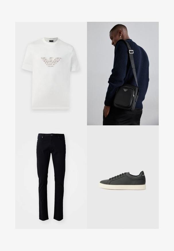 Bela bombažna majica s kratkimi rokavi in okroglo izrezom. Ima osrednji logotip v rožnati in rjavi barvi.; Črne bombažne hlače s slim fit krojem, ki vključujejo gumb za zapiranje, zanko za pas, sprednje žepke in gladko teksturo.; Črne usnjene superge z nizkim profilom, okroglo špičko in vezalkami; vsebujejo teksturiran gumijast podplat in detajl z logotipom na peti.; Črna usnjena torba čez ramo z zadrgo, detajlom logotipa in nastavljivim trakom s znamko. Nosi se ob teksturirani mornarsko modri pulover.